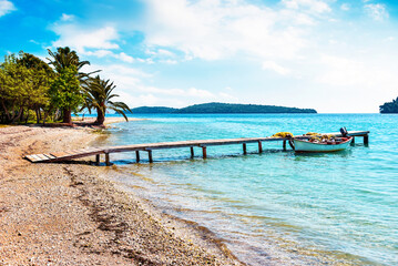 Fascinating optimistic seascape with palms and a boat near wooden pier on a tropical beach.