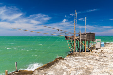 Fototapeta na wymiar fishing towers near Vieste, NP Gargano, Foggia, Italy