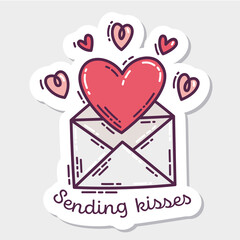Colorful Valentine's Day doodle style hand-drawn sticker with simple engraving retro effect and quote. Romantic mood cute love symbol and lettering.