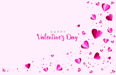 Valentine’s day card with paper hearts and decorative sprinkles on an isolated pink background
