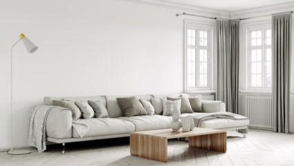 Beautiful interior of a modern room. Bright and clean design. A sofa standing by a large window against a wall background. 3D rendering