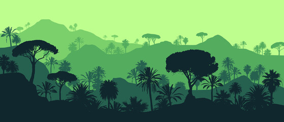 Beautiful flat vector landscape of a layered rainforest jungle in green colors.