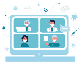 Medical video conference for emergency crisis. Online doctors meeting with computer, consultation. Webinar with hospital specialist. Remote work of the hospital team during the COVID-19 pandemic.
