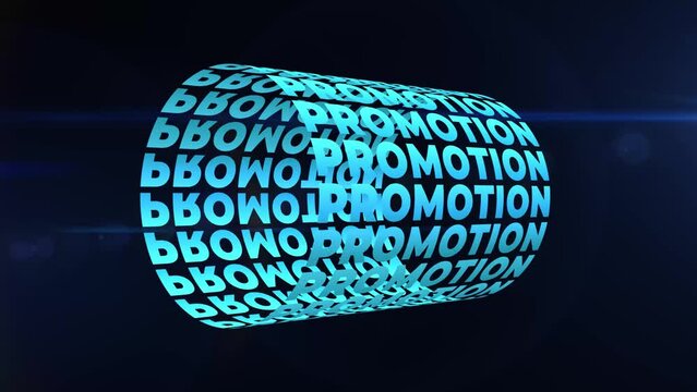 PROMOTION blur text word tube rotating animation seamless loop isolated on black background. 4K 3D rendering text cylinder kinetic looping. Promotion typography animation. Business concept.