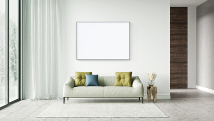 Mock up poster frame in modern interior background, living room, Scandinavian style, 3D rendering