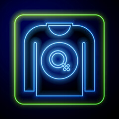 Fototapeta na wymiar Glowing neon Feminist shirt icon isolated on blue background. Fight for freedom, independence, equality. Vector