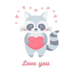 Cute raccoon holding heart in hand-drawn cartoon style. Perfect for greeting cards for Valentine's Day. Funny character for childrens T-shirts, poster, invite, gift tag. Vector illustration isolated