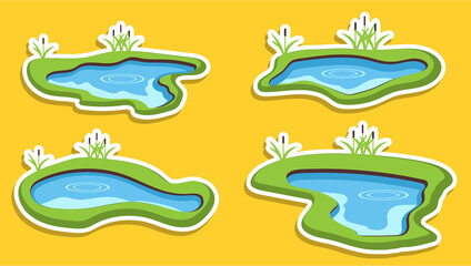 Lake, set of realistic cartoon lakes in white outline. Vector illustration.