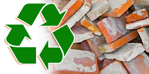 Recovery and recycling of a brick rubble debris on construction site after a demolition of a brick...