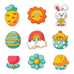 Happy Easter day set. cartoon character rabbits and chicks isolated on white background. vector Illustration.