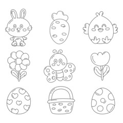 Happy Easter day thin line icons set. cartoon character rabbits and chicks isolated on white background. vector Illustration.