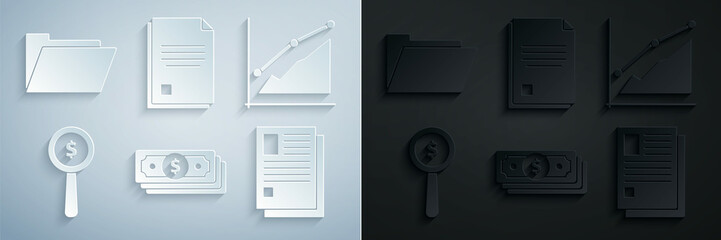 Set Stacks paper money cash, Pie chart infographic, Magnifying glass and dollar symbol, File document, and Document folder icon. Vector