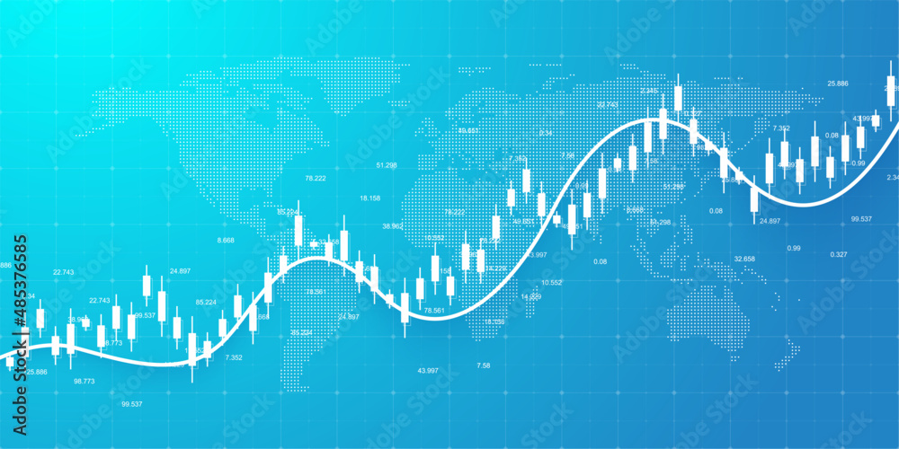 Poster Abstract financial chart with uptrend line graph and world map on black and white color background. Business Candle stick graph chart of stock market investment trading. Vector illustration.