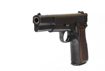 wooden grip semi-automatic pistol white background