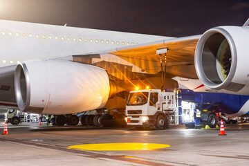 Process of aircraft jet airplane refueling by high pressure fuel supply truck at night.