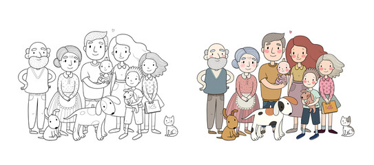 Cute cartoon family and a cat with a dog. Mom, dad and kids. Happy people.  Illustration for coloring books. Monochrome and colored versions. Worksheet for children and adults - 485377710