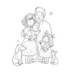 Cute cartoon family and a cat with a dog. Mom, dad and kids. Happy people.  Illustration for coloring books. 
