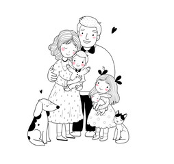 Cute cartoon family and a cat with a dog. Mom, dad and kids. Happy people.
