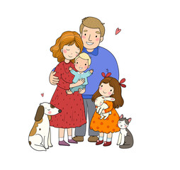 Obraz na płótnie Canvas Cute cartoon family and a cat with a dog. Mom, dad and kids. Happy people.
