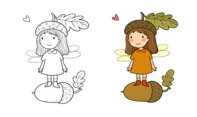 Cute cartoon fairy.Little Flower elf. Little girl with wings.  Illustration for coloring books. Monochrome and colored versions. Worksheet for children and adults