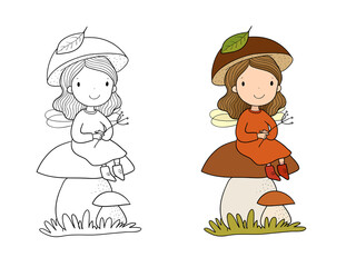 Cute cartoon fairy.Little Flower elf. Little girl with wings.
 Illustration for coloring books. Monochrome and colored versions. Worksheet for children and adults