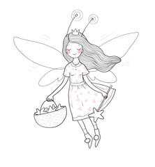 Cute cartoon fairy.Little Flower elf. Little girl with wings. Illustration for coloring books. Monochrome versions. Worksheet for children and adults