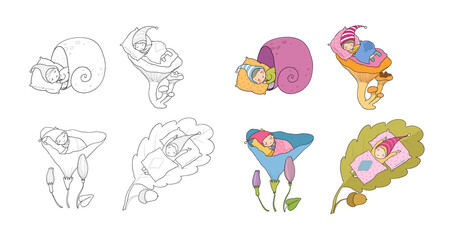 Cute cartoon sleeping gnomes. Forest elves.  Illustration for coloring books. Monochrome and colored versions. Worksheet for children and adults