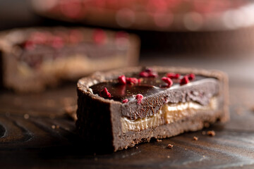 Tartlet, tart, homemade cakes. Delicious chocolate pie stuffed with shortcrust pastry. High quality photo