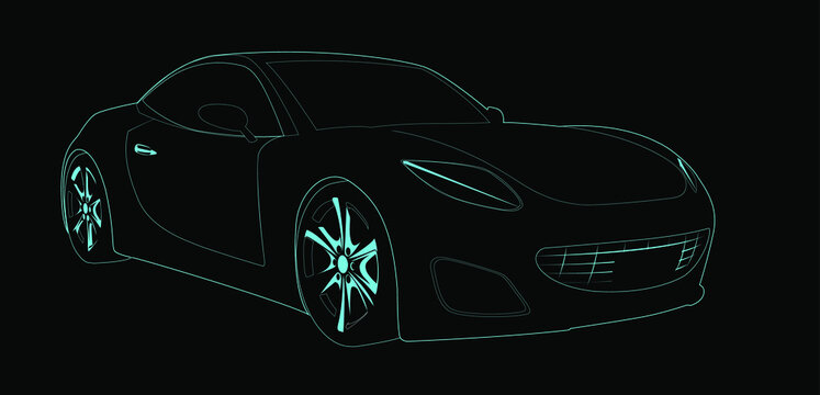 Neon sport car over black background, vector illustration. Modern sportcar, pencil like drawing