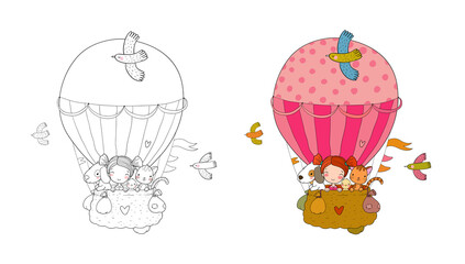 Cute cartoon girl and her friends are flying in a balloon. Little princess, chicken, cat and puppy