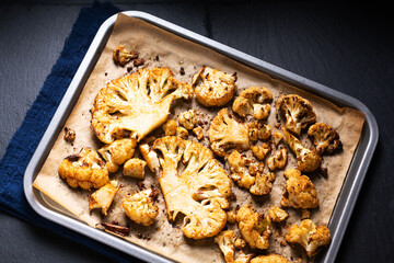 Food concept Roasted organic Cauliflower in baking tray on black slate stone background with copy space