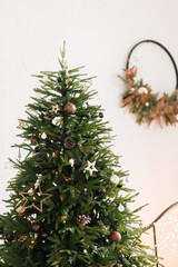 Christmas tree with beautiful toys, stylish Christmas and New Year decor