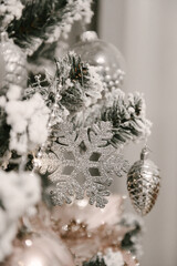 Christmas tree with beautiful toys, stylish Christmas and New Year decor