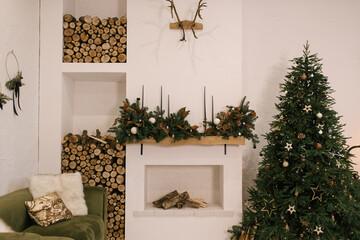 Christmas decor, beautifully decorated living room with fireplace and firewood