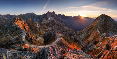 Naklejka premium Poland Tatras from peak Szpiglasowy, Nice mountain landscape in Europe at sunrise over Morskie oko
