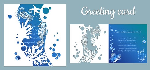 template for making a postcard. vector image for laser cutting and plotter printing. fauna with marine animals.