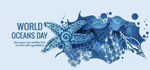 Text - world ocean day. Starfish template for making a postcard. Vector image for laser cutting and plotter printing. fauna with marine animals. © Natalia