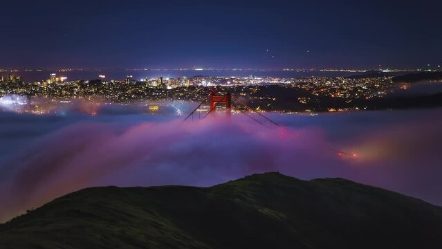 Golden Gate Bridge with flowing fog timelapse at night