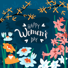 Fototapeta na wymiar Floral background in flat cartoon style with hand lettered text Happy Women's Day .White,pink and yellow spring flowers on blue.Hand drawn isolated illustration.Vector template for greeting cards. 