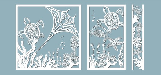 scate, starfish, seahorse, turtle, crab, algae, corals, Kelp, laminaria, Macrocystis, Brown alga, rockweed, Fucus, Posidonia . Vector illustration. Set of paper marine animals stickers. Laser cut. Set