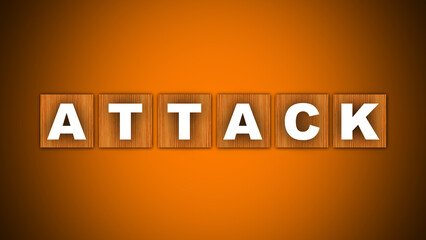 Attack  Text Title - Square Wooden Concept - Orange Background - 3D Illustration