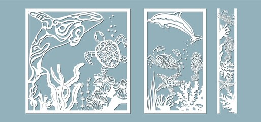 killer whale, Dolphin, starfish, seahorse, turtle, crab, algae, corals, Kelp, laminaria, Macrocystis, Brown alga, rockweed, Fucus, Posidonia . Vector illustration. Set of paper marine animals stickers