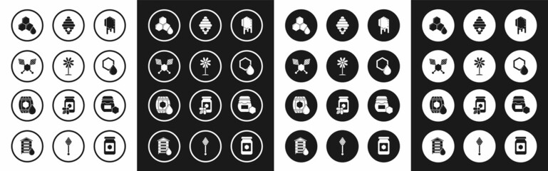 Fototapeta premium Set Honeycomb, Flower, dipper stick, Hive for bees, Jar of honey and Wooden barrel with icon. Vector