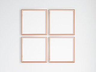 Fototapeta premium four square gold frames on the wall, minimalist mockup, 3d render