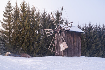 A beautiful old wooden windmill in Różanka, Podkarpackie country in Poland.