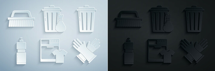Set Washer and t-shirt, Trash can, Plastic bottles for liquid dishwashing liquid, Rubber gloves, garbage bag and Brush cleaning icon. Vector