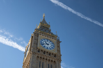 Historic and Iconic restored Big Ben after conservation works in 2022 with blue and gold color...