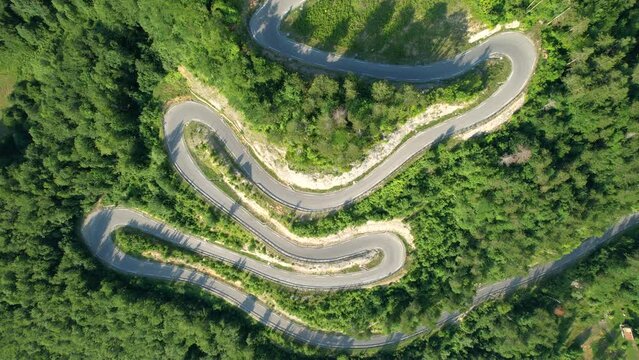 AERIAL, TOP DOWN: Empty switchback road snakes up a hill and through a lush green forest. Flying above an asphalt mountain road full of sharp hairpin turns running across the vibrant woods of Slovenia