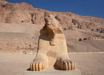 Sphinx of Hatshepsut from her Mortuary temple at Deir el-Bahri near Luxor, Egypt. Sphinx is...