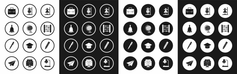 Set Glass test tube flask on fire, Earth globe, Ringing bell, Briefcase, Abacus, Pencil with eraser and icon. Vector